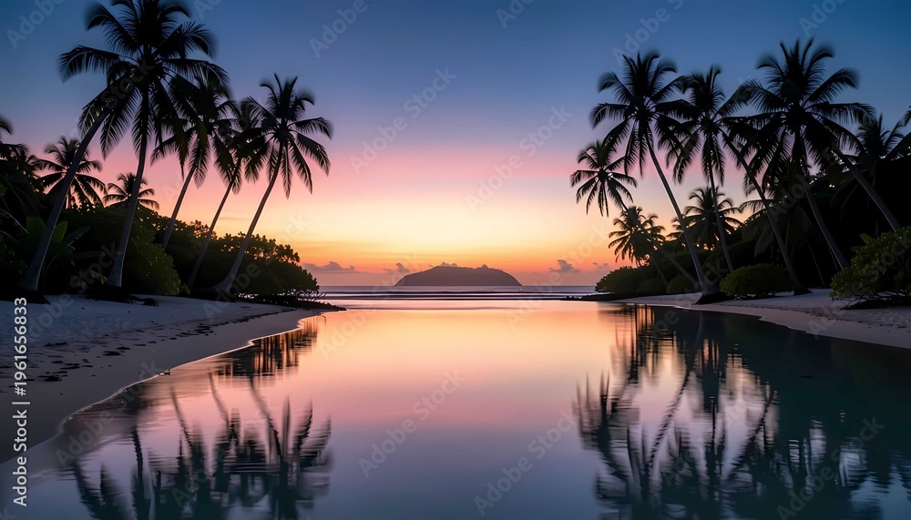 Obraz premium Calm tropical beach with palm silhouette lagoon reflection mirror ocean