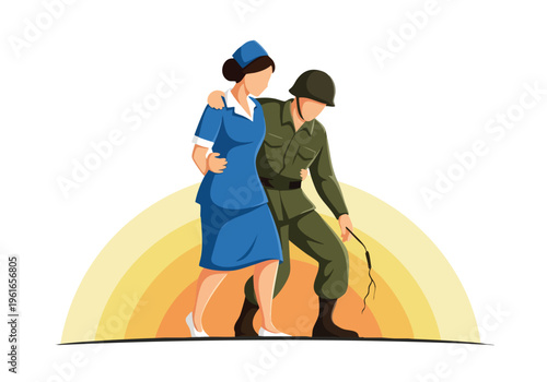 Nurse Helping Injured Soldier. Healthcare Support Illustration. Military Aid Concept. Flat Design.