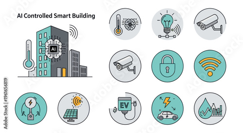 AI Controlled Smart Building: Technology Icons for Future City Infrastructure