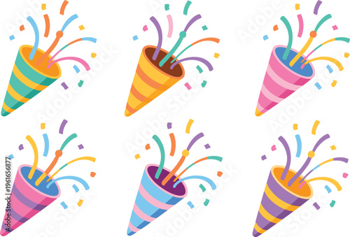 Party poppers set with confetti streamers, colorful celebration festive illustration design