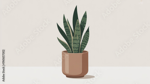 Sansevieria plant in a brown pot on a white surface with beige background illustration of a snake plant