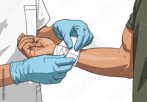 First Aid Bandaging. Medical Injury Care. Graphic Illustration. Clean Design. Healthcare Concept.