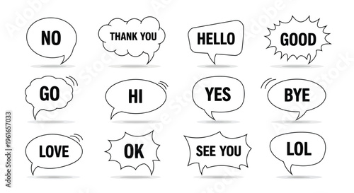 A set of black and white speech bubbles with various phrases