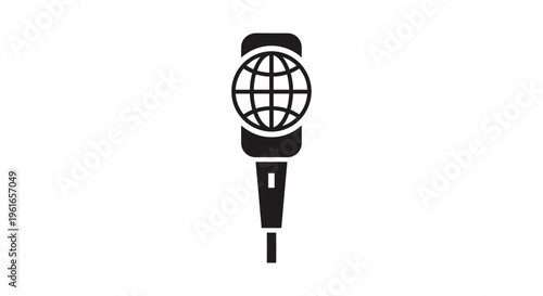 Icon of a microphone with a globe inside a circular frame, representing global communication and broadcasting