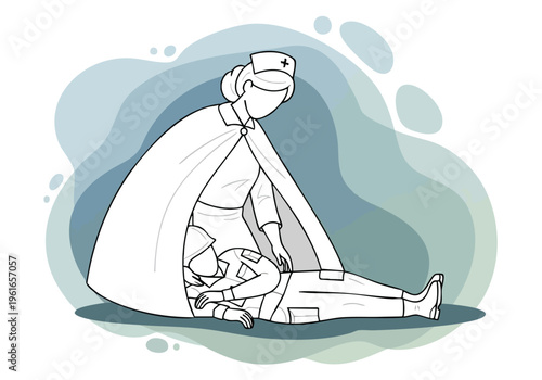 Nurse helping fallen soldier. Medical aid illustration. Line art graphic. Healthcare support concept.