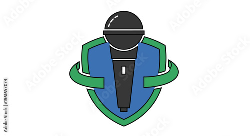 Microphone symbol within a shield with ribbon accents, representing audio or performance awards and recognition