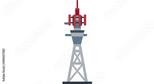 Modern flat design vector illustration of a communication tower with antennas, symbolizing global connectivity and wireless technology for broadcasting and cellular networks