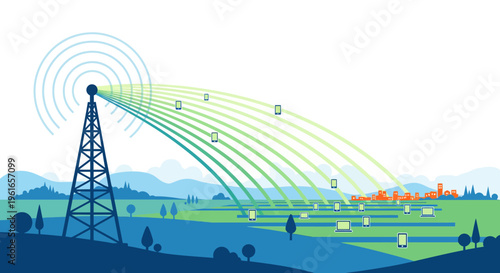 Modern communication tower connecting devices and a city with wireless signals