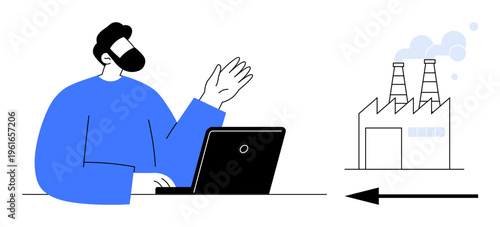 Industrial communication concept. A professional engaging remotely with a factory setup. Industrial communication streamlines manufacturing processes and connects operations. For digital tools