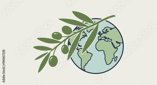 Global peace and environmental harmony concept illustration with an olive branch embracing the world map icon