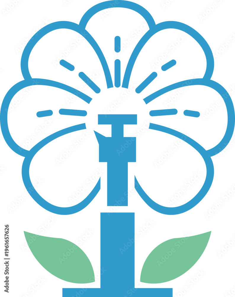 Obraz premium Garden sprinkler flower icon, flat vector illustration symbolizing efficient irrigation, automatic watering systems, and horticultural growth in nature and landscaping design.