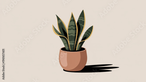 Snake plant in a terracotta pot on a beige background with natural light and shadow