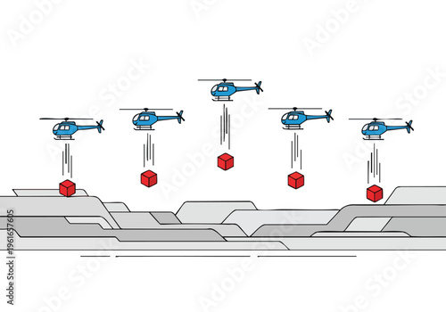 Helicopter Delivery Illustration. Global Supply Chain Concept. Aid Distribution. Cartoon Style Graphic.