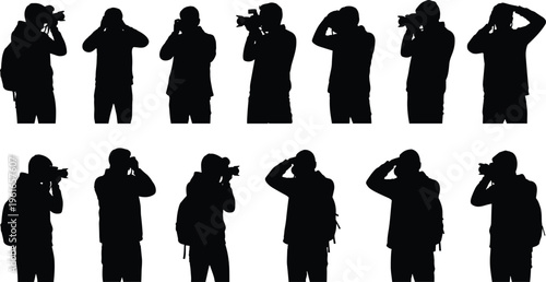 Photographer silhouette collection set, professional camera operator poses, people taking photos, media and journalism concept, isolated black illustration on white background