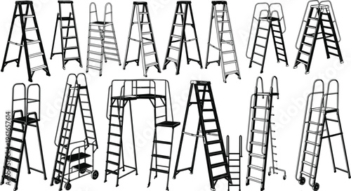 Ladder silhouette collection set, step ladders and extension ladders variety, construction equipment icons, industrial tools concept, isolated black illustration on white background