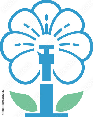 Garden sprinkler flower icon, flat vector illustration symbolizing efficient irrigation, automatic watering systems, and horticultural growth in nature and landscaping design.