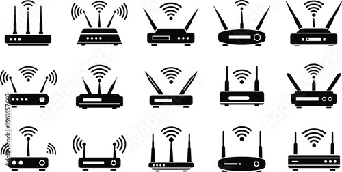 WiFi router silhouette collection set, wireless network devices icons, internet connectivity equipment, modern technology communication concept, isolated black illustration on white background
