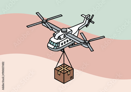 Helicopter delivery. Isometric illustration. Air cargo transport. Logistics concept.