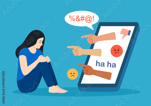 Cyber bullying concept vector illustration. Upset woman sitting in front of smartphone. Social media blame.