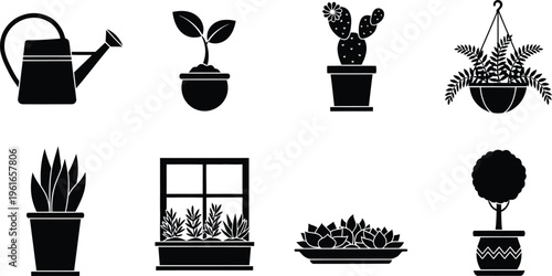 Black and white clipart of various plants and gardening tools