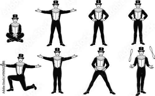 Vintage black and white illustration of magician performing stage poses set, classic entertainer gestures, circus show character collection isolated on white background