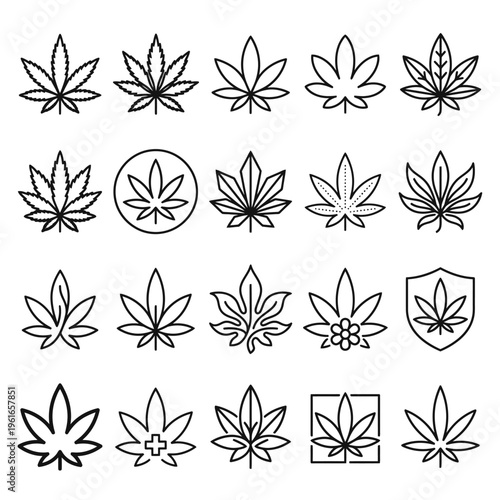 A collection of various marijuana leaf line illustrations displayed on a white background