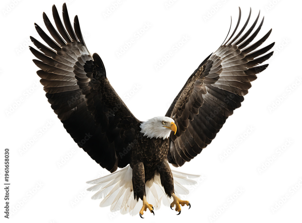 Obraz premium Bald eagle in flight with wings fully spread and talons extended against a solid dark isolated on a transparent background