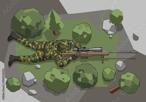 Sniper Soldier. Military Tactical Illustration. Camouflage Stealth. Game Asset.
