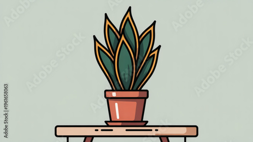 A vibrant potted succulent plant with green leaves and yellow edges sits on a wooden table against a light gray background