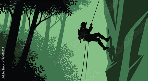 Rappelling soldier silhouette. Jungle adventure illustration. Military training concept. Outdoor activity vector.