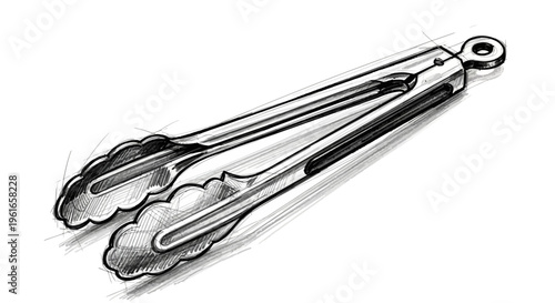 Drawing of stainless steel kitchen tongs with scalloped edges on white background