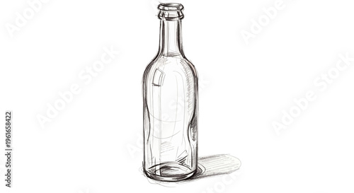 Hand-drawn empty glass bottle with shadow on white background, sketch style