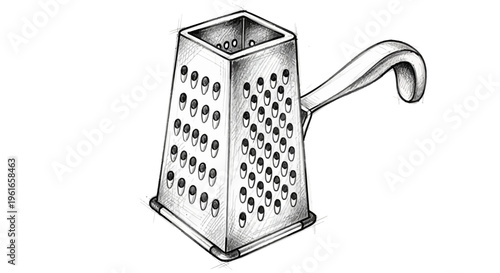 Hand-drawn illustration of a kitchen grater with handle