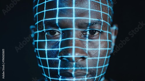 Man's Face with Digital Identity Grid Projection - This is a close-up shot of a man's face with a blue grid pattern projected onto it.