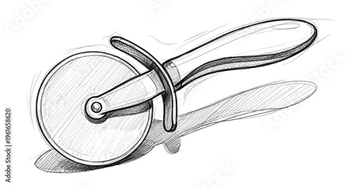 Hand-drawn pizza cutter sketch with shadow