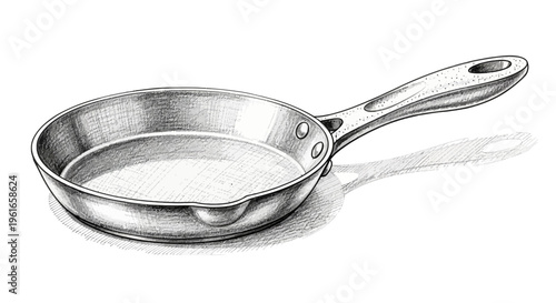 Hand-drawn illustration of a stainless steel frying pan with handle