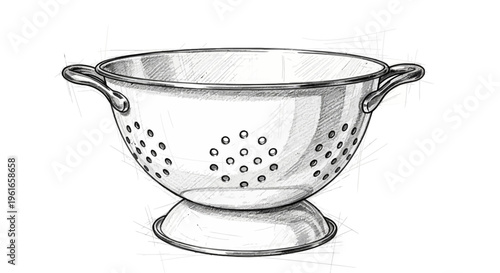 Hand-drawn sketch of a metal colander with handles