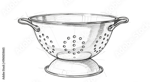Hand-drawn sketch of a metal colander with handles on white background