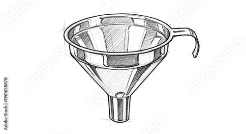 Hand-drawn sketch of a metal funnel with handle