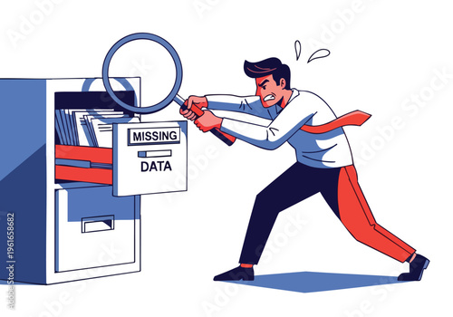 Man searching for missing data. Business problem concept. Data loss illustration. Digital forensics.
