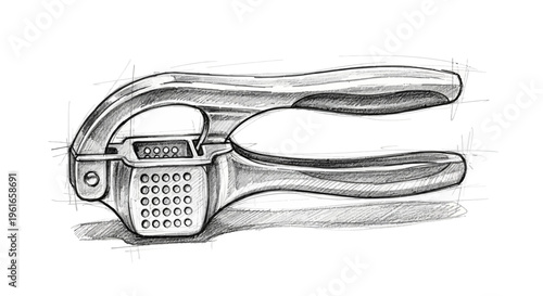 Hand-drawn sketch of a metal garlic press on a white background