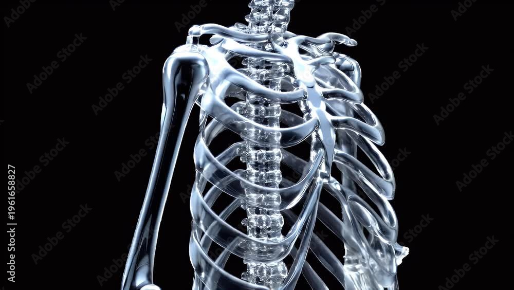 Transparent 3D model of human ribcage and spine, showcasing skeletal ...