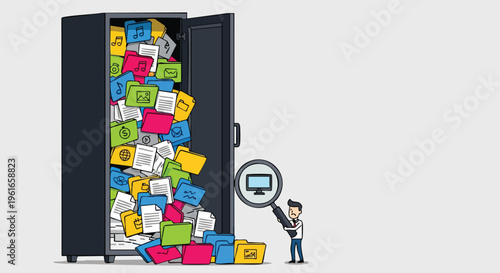 Data Overload Search. Business Information Management. Flat Vector Illustration. Digital Organization Concept.