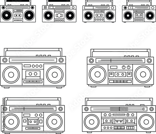 Collection of vintage boombox illustrations featuring classic cassette player designs for music