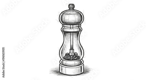 Sketch of a classic pepper mill with peppercorns