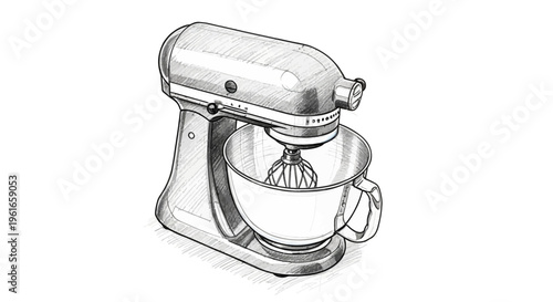 Sketch of a stand mixer with whisk attachment on a white background