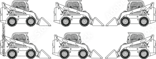 Detailed illustration of skid-steer loader construction vehicle with front bucket, industrial machinery equipment for building, excavation, heavy duty work, engineering, and material handling scenes