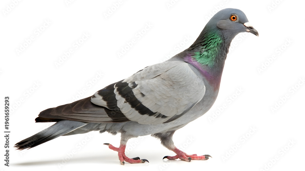Obraz premium A pigeon standing on a white background showcasing its gray and white feathers with green and purple sheen
