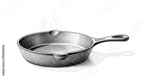 Vintage cast iron skillet with steam rising, isolated on white background
