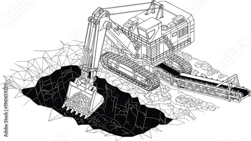 Detailed line drawing of heavy excavator machine operating at mining construction site with bucket digging soil, conveyor transporting rocks, industrial equipment illustration for engineering projects